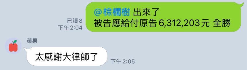 文章預覽：全勝！被告必須給付當事人 6,312,203 元。